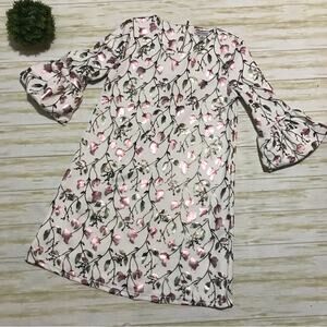 Nina Leonard Metallic Floral‎ Shift Sheath Dress Puff Sleeves Women’s Size Small